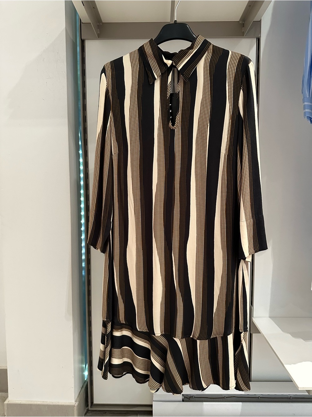 Sisley Black and Cream Striped Midi Shirt Dress